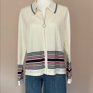 Liz Claiborne Cream Zip-Up Shirt with Black and Red Stripes